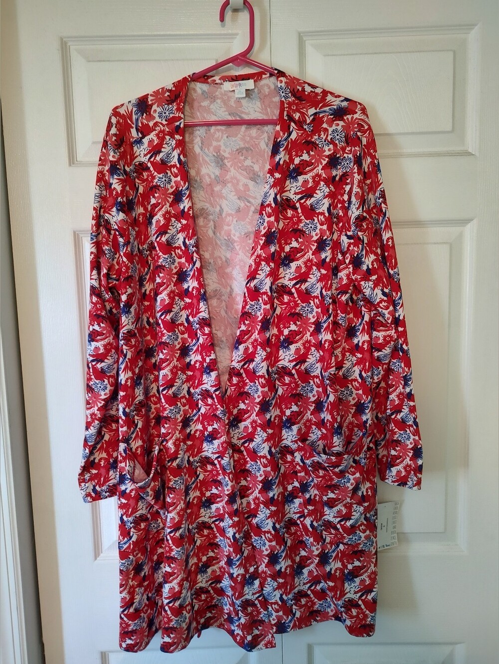 LuLaRoe XL Floral Cardigan Sweater Red White Blue Open Front Long Sleeve NWTS